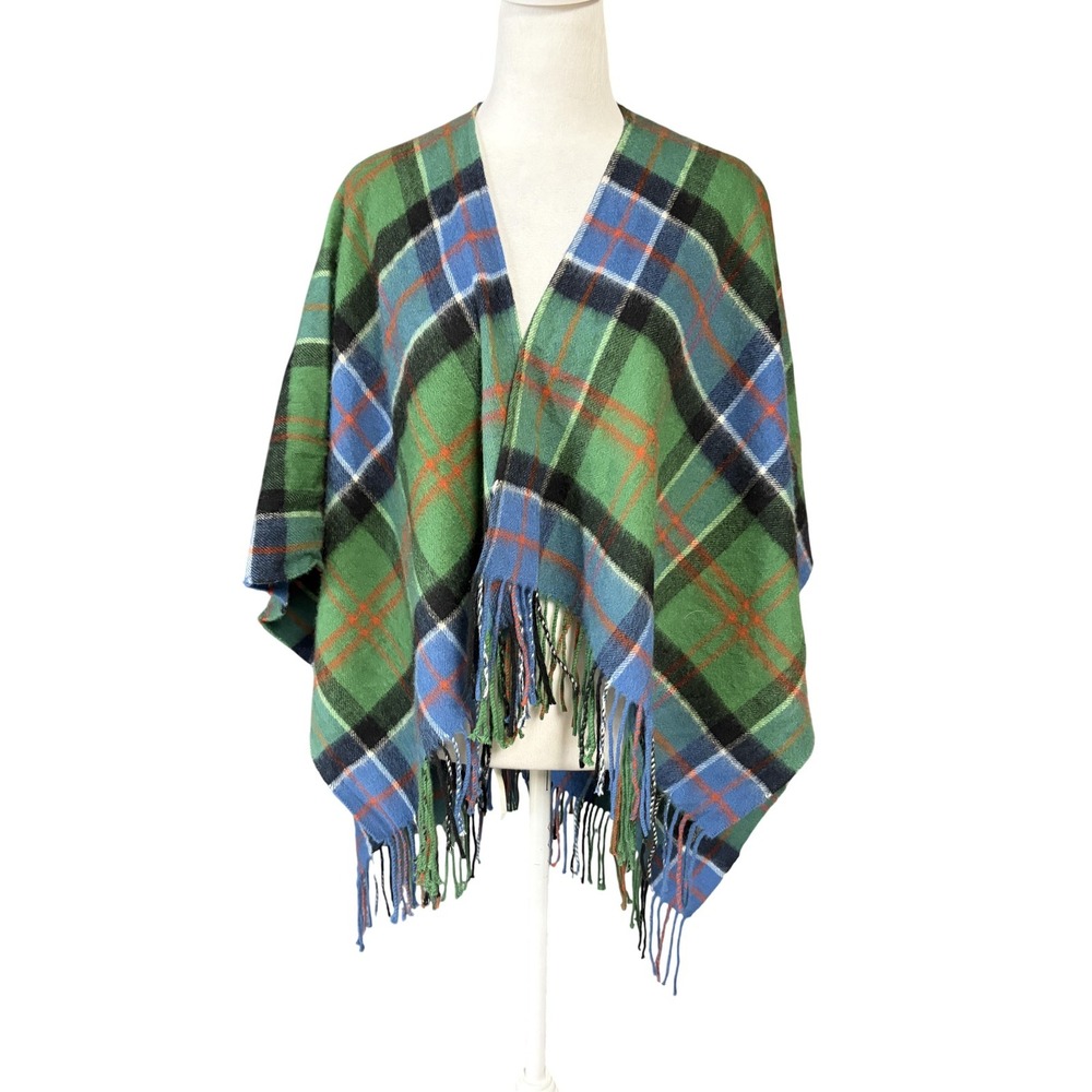 Edinburgh Scarf Shawl Wrap Womens OS Green Plaid Lambswool Fringe Cozy Tartan